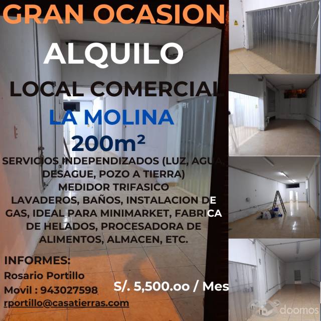 GRAN OCASION ALQUILO LOCAL COMERCIAL 200 M² EN LA MOLINA