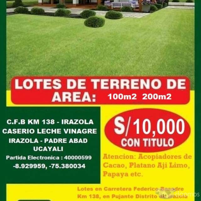 LOTE 300 M2,   CARRETERA CENTRAL KM 138  PADRE ABAD - UCAYALI