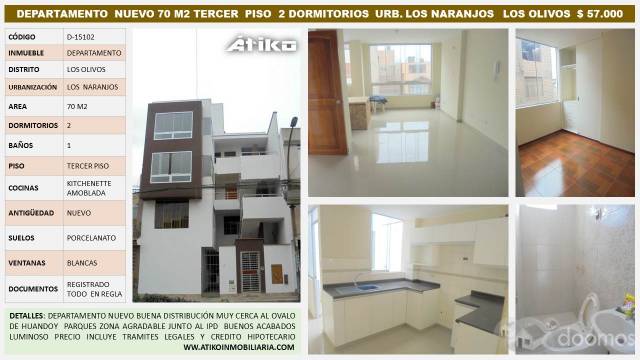 DEPARTAMENTO  NUEVO 70 M2 TERCER  PISO  2 DORMITORIOS  URB. LOS NARANJOS   LOS OLIVOS  $ 57.000