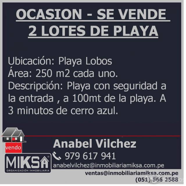 OCASION - VENTA DE  2 LOTES EN PLAYA LOBOS