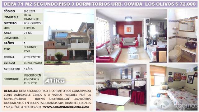 DEPARTAMENTO 71 M2 3 DORMITORIOS 1 BAÑOS URB COVIDA LOS OLIVOS $ 72.000